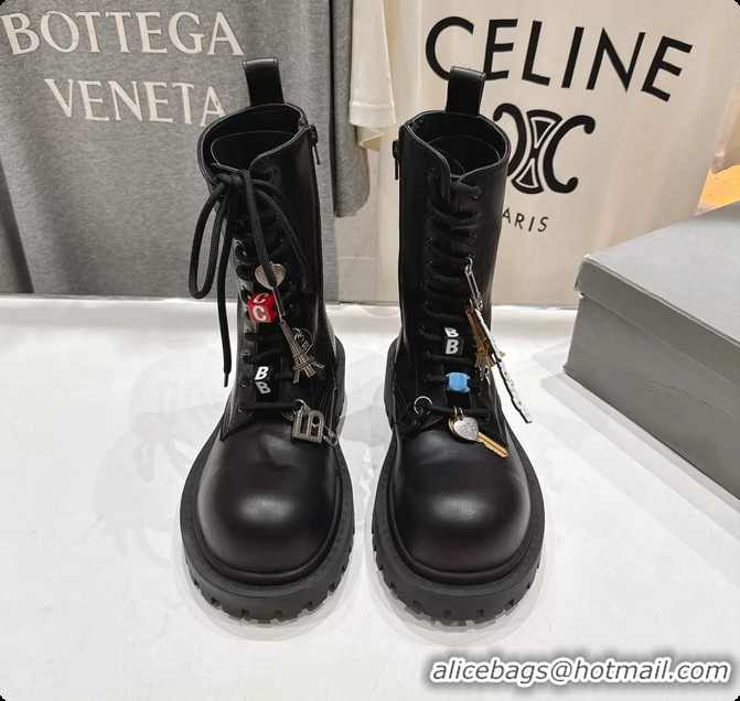Unique Style Balenciaga Hummer Lace Up Black Leather Riding Ankle Boots with Charms 6061204