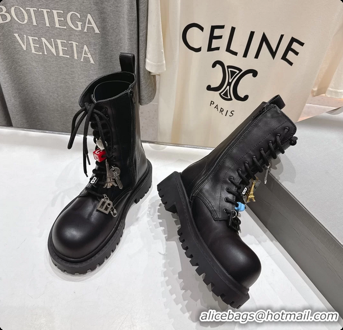 Unique Style Balenciaga Hummer Lace Up Black Leather Riding Ankle Boots with Charms 6061204