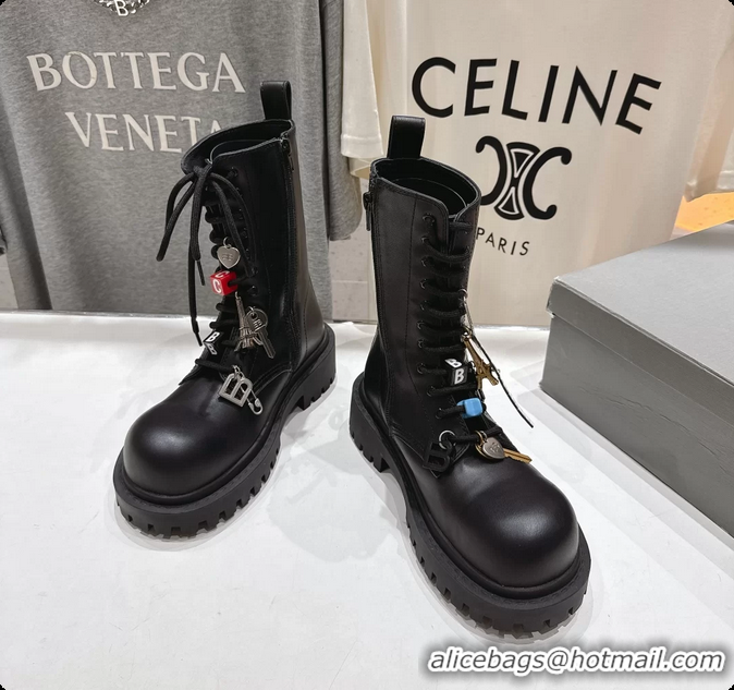 Unique Style Balenciaga Hummer Lace Up Black Leather Riding Ankle Boots with Charms 6061204