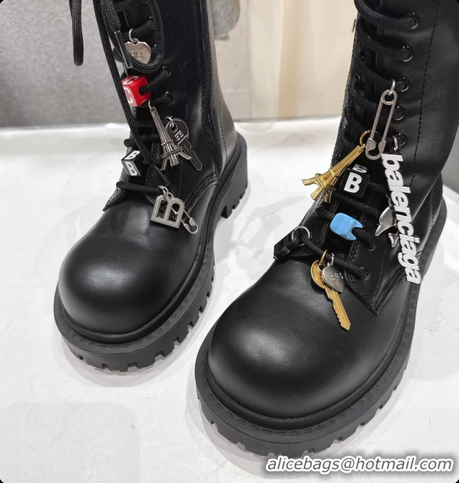 Unique Style Balenciaga Hummer Lace Up Black Leather Riding Ankle Boots with Charms 6061204