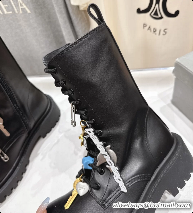 Unique Style Balenciaga Hummer Lace Up Black Leather Riding Ankle Boots with Charms 6061204