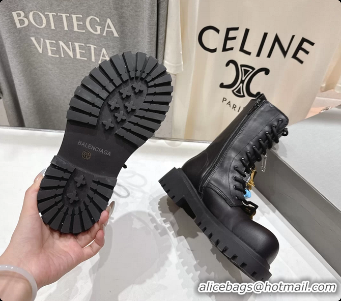 Unique Style Balenciaga Hummer Lace Up Black Leather Riding Ankle Boots with Charms 6061204