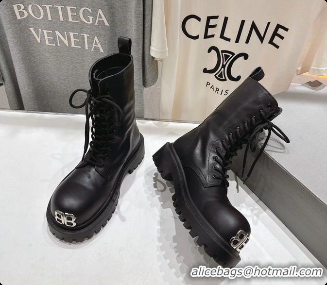 Pretty Style Balenciaga BB Giant Lace Up Black Leather Riding Ankle Boots 6061204