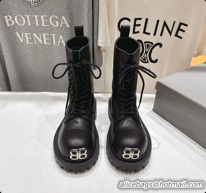 Pretty Style Balenciaga BB Giant Lace Up Black Leather Riding Ankle Boots 6061204