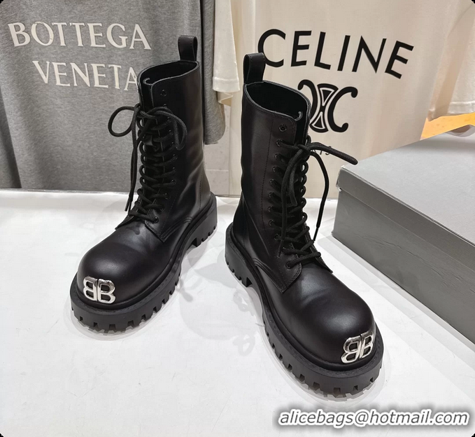 Pretty Style Balenciaga BB Giant Lace Up Black Leather Riding Ankle Boots 6061204