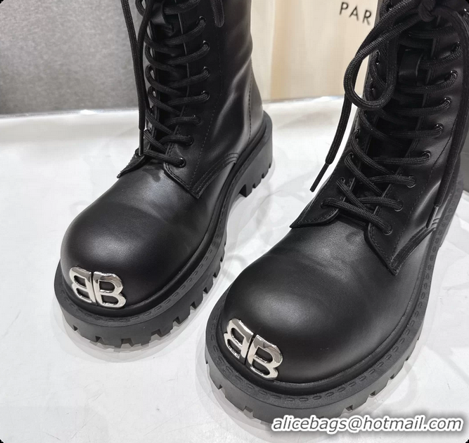 Pretty Style Balenciaga BB Giant Lace Up Black Leather Riding Ankle Boots 6061204