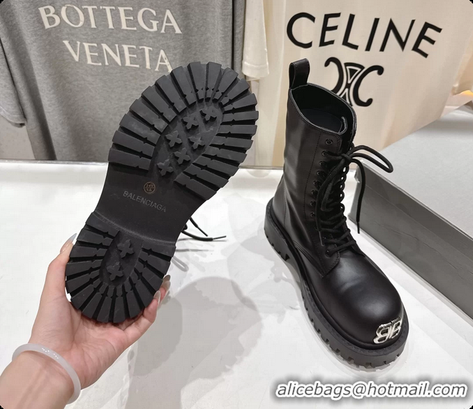 Pretty Style Balenciaga BB Giant Lace Up Black Leather Riding Ankle Boots 6061204
