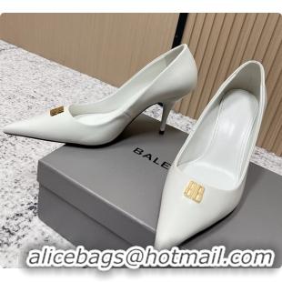 Shop Duplicate Balenciaga Avenue BB Editor Pumps White Calf Leather 85MM 6061205