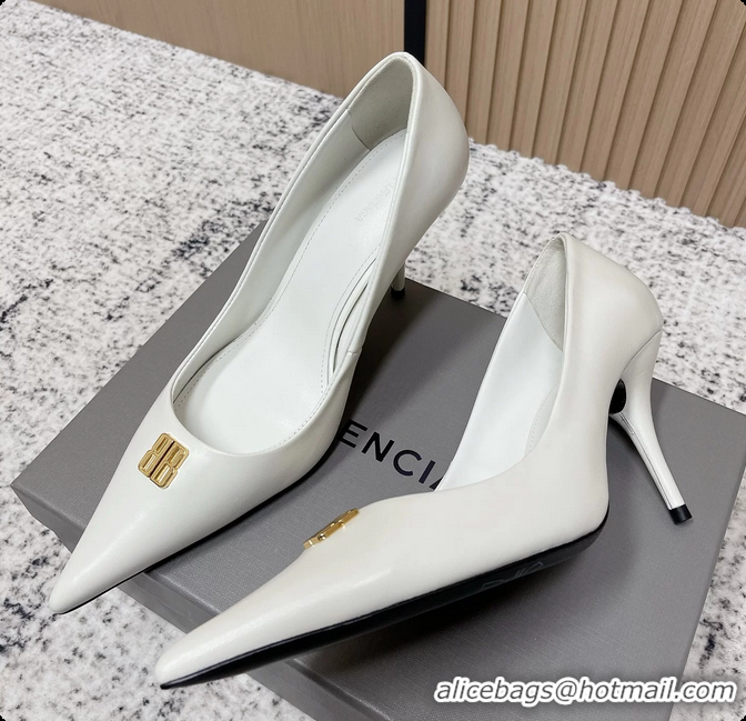 Shop Duplicate Balenciaga Avenue BB Editor Pumps White Calf Leather 85MM 6061205