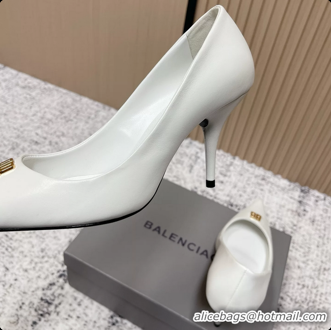 Shop Duplicate Balenciaga Avenue BB Editor Pumps White Calf Leather 85MM 6061205