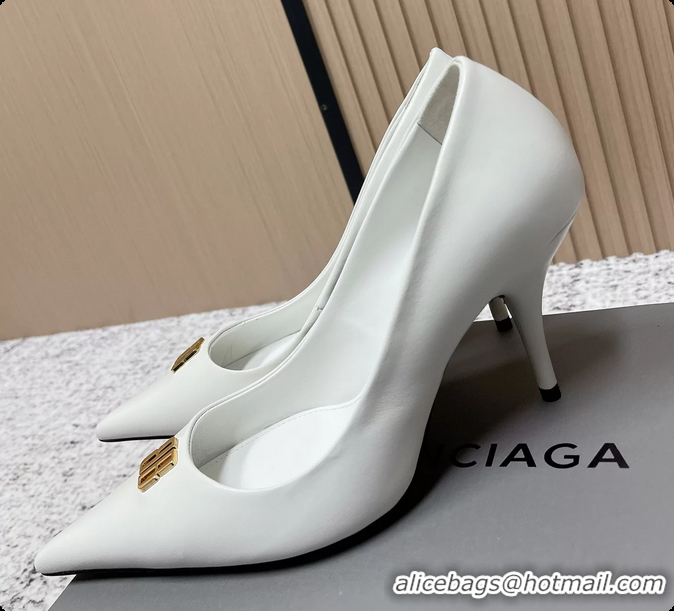 Shop Duplicate Balenciaga Avenue BB Editor Pumps White Calf Leather 85MM 6061205