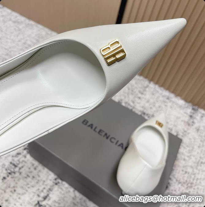 Shop Duplicate Balenciaga Avenue BB Editor Pumps White Calf Leather 85MM 6061205