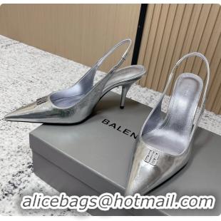Luxurious Balenciaga Avenue BB Editor Slingback Pumps Silver Calf Leather 85MM 6061206
