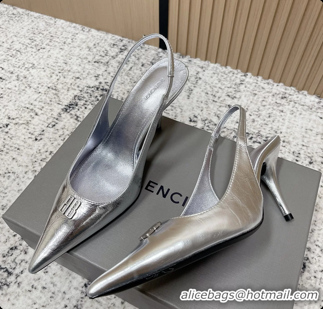 Luxurious Balenciaga Avenue BB Editor Slingback Pumps Silver Calf Leather 85MM 6061206