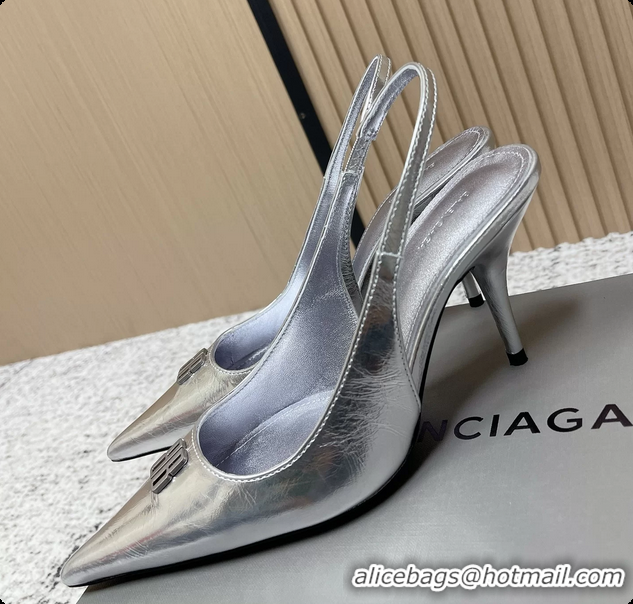 Luxurious Balenciaga Avenue BB Editor Slingback Pumps Silver Calf Leather 85MM 6061206