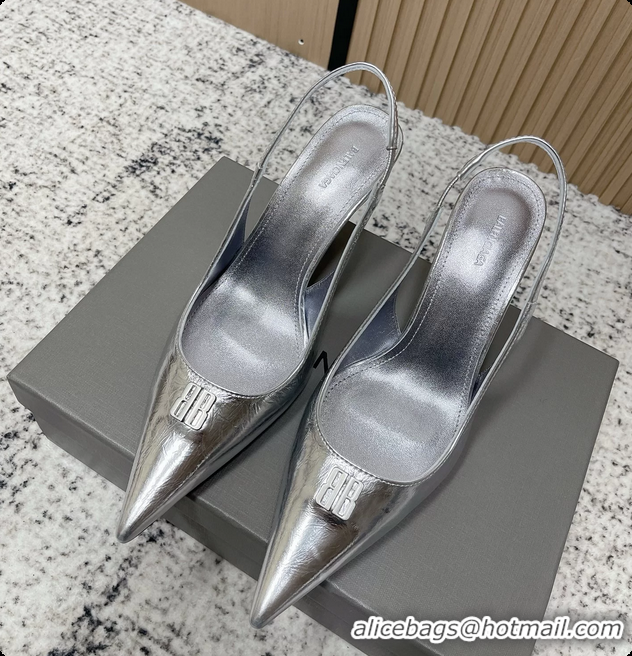 Luxurious Balenciaga Avenue BB Editor Slingback Pumps Silver Calf Leather 85MM 6061206