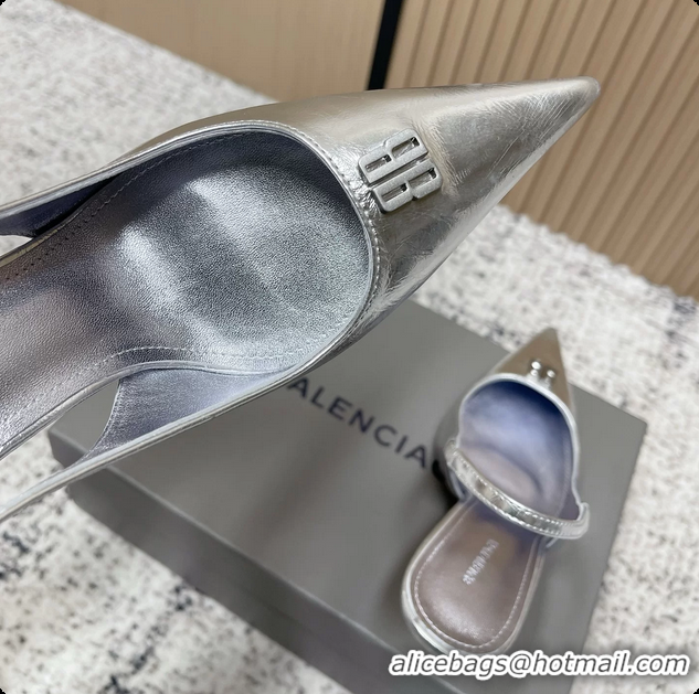 Luxurious Balenciaga Avenue BB Editor Slingback Pumps Silver Calf Leather 85MM 6061206