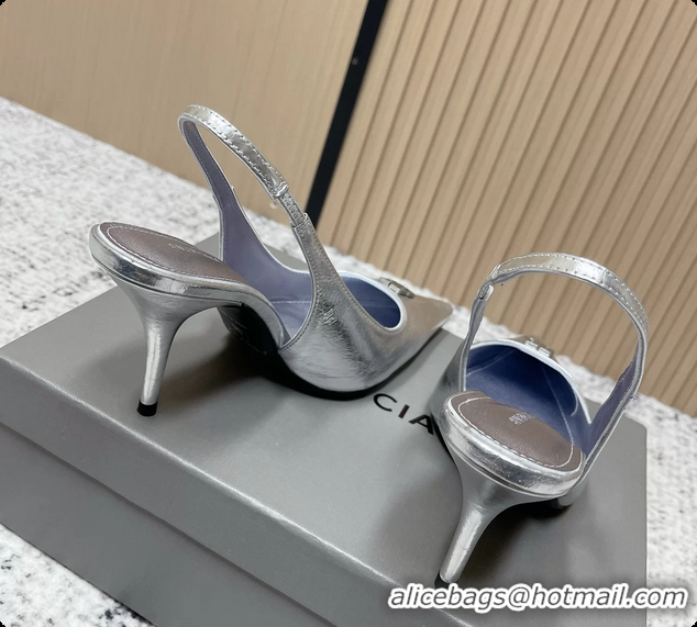 Luxurious Balenciaga Avenue BB Editor Slingback Pumps Silver Calf Leather 85MM 6061206