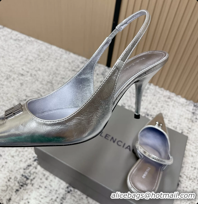 Luxurious Balenciaga Avenue BB Editor Slingback Pumps Silver Calf Leather 85MM 6061206