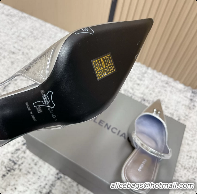 Luxurious Balenciaga Avenue BB Editor Slingback Pumps Silver Calf Leather 85MM 6061206