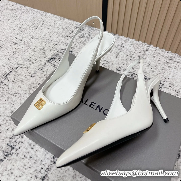 Durable Balenciaga Avenue BB Editor Slingback Pumps White Calf Leather 85MM 6061206