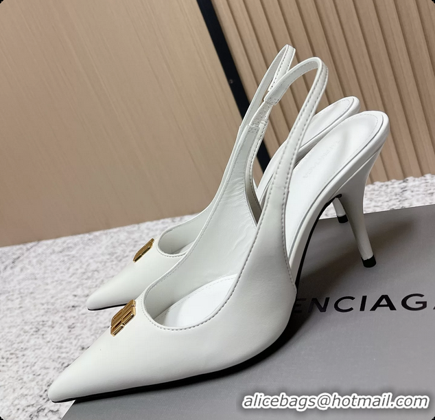 Durable Balenciaga Avenue BB Editor Slingback Pumps White Calf Leather 85MM 6061206