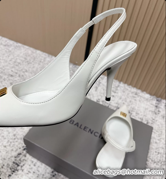 Durable Balenciaga Avenue BB Editor Slingback Pumps White Calf Leather 85MM 6061206
