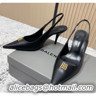 Good Looking Balenciaga Avenue BB Editor Slingback Pumps Black Calf Leather 85MM 6061206