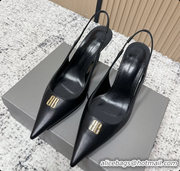 Good Looking Balenciaga Avenue BB Editor Slingback Pumps Black Calf Leather 85MM 6061206