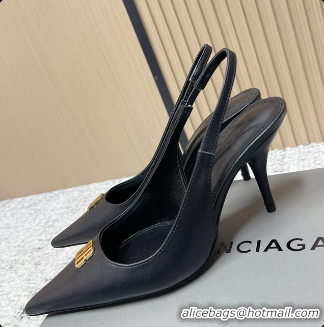 Good Looking Balenciaga Avenue BB Editor Slingback Pumps Black Calf Leather 85MM 6061206