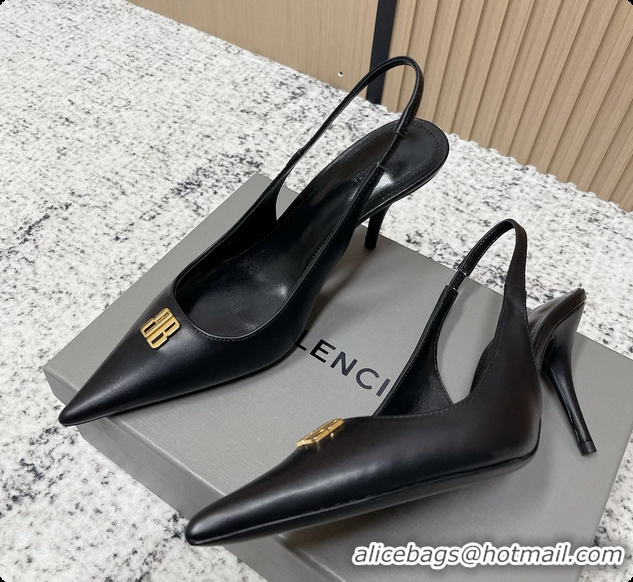 Good Looking Balenciaga Avenue BB Editor Slingback Pumps Black Calf Leather 85MM 6061206