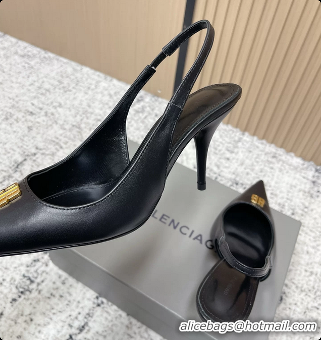 Good Looking Balenciaga Avenue BB Editor Slingback Pumps Black Calf Leather 85MM 6061206