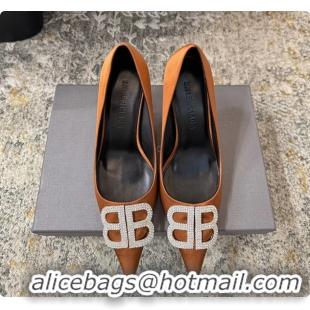 Cheap Price Balenciaga Crystal BB Knife Brown Satin Pumps 75MM 6061207