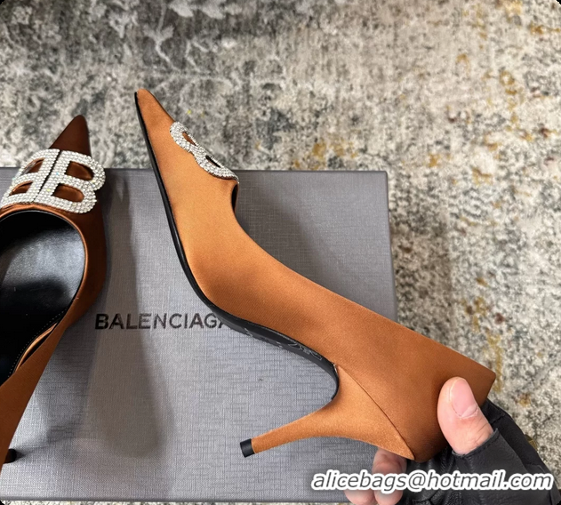 Cheap Price Balenciaga Crystal BB Knife Brown Satin Pumps 75MM 6061207