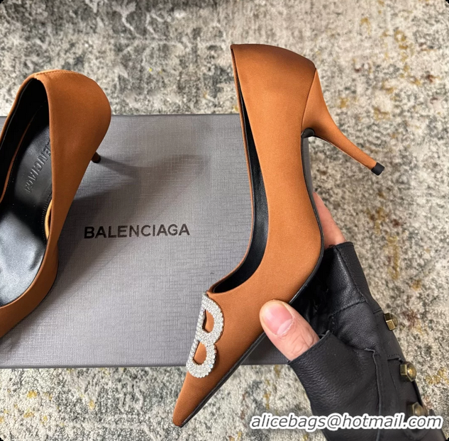 Cheap Price Balenciaga Crystal BB Knife Brown Satin Pumps 75MM 6061207