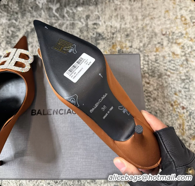 Cheap Price Balenciaga Crystal BB Knife Brown Satin Pumps 75MM 6061207