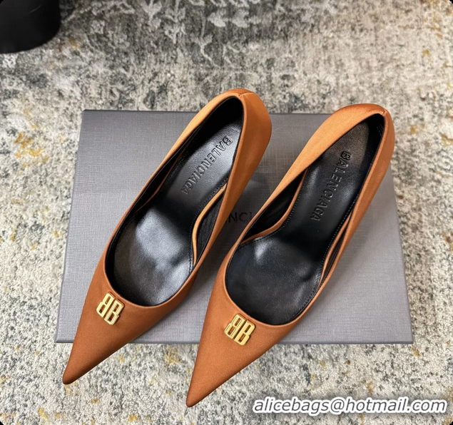 Good Product Balenciaga Avenue BB Knife Brown Satin Pumps 75MM 6061207