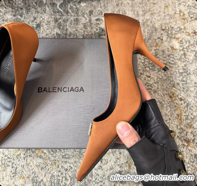 Good Product Balenciaga Avenue BB Knife Brown Satin Pumps 75MM 6061207