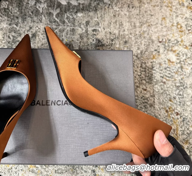 Good Product Balenciaga Avenue BB Knife Brown Satin Pumps 75MM 6061207
