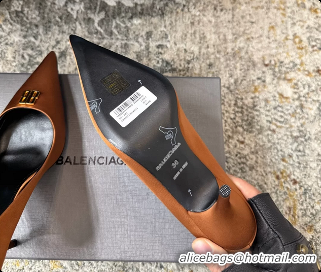 Good Product Balenciaga Avenue BB Knife Brown Satin Pumps 75MM 6061207