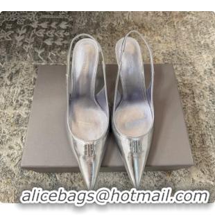 Charming Balenciaga Knife BB Silver Leather Slingback Pumps 75MM 6061207