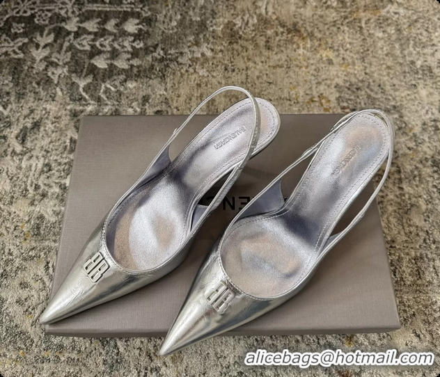 Charming Balenciaga Knife BB Silver Leather Slingback Pumps 75MM 6061207