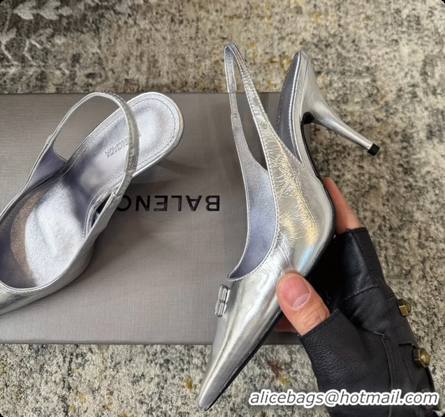 Charming Balenciaga Knife BB Silver Leather Slingback Pumps 75MM 6061207