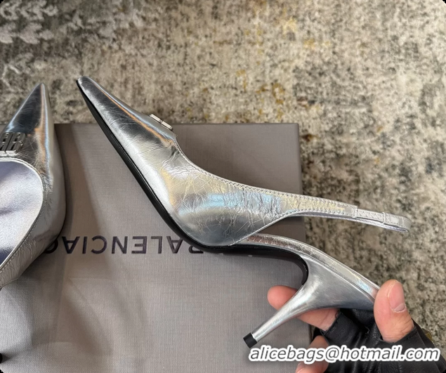 Charming Balenciaga Knife BB Silver Leather Slingback Pumps 75MM 6061207