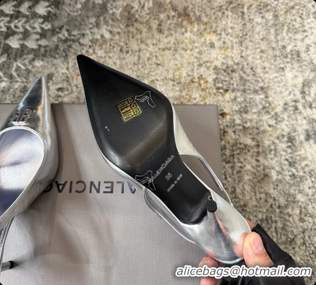 Charming Balenciaga Knife BB Silver Leather Slingback Pumps 75MM 6061207