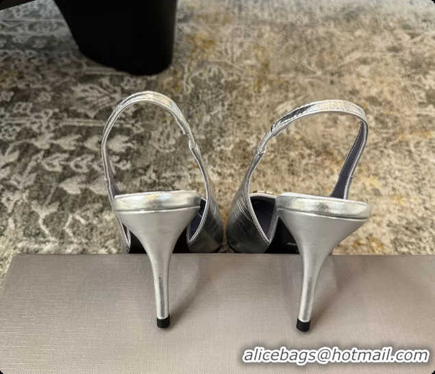 Charming Balenciaga Knife BB Silver Leather Slingback Pumps 75MM 6061207
