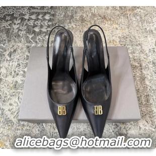 Luxurious Balenciaga Knife BB Black Leather Slingback Pumps 75MM 6061207
