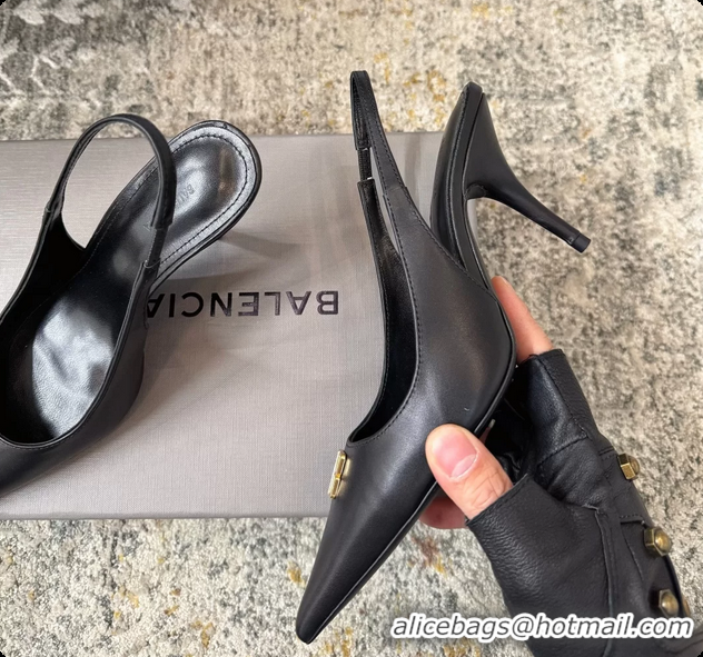 Luxurious Balenciaga Knife BB Black Leather Slingback Pumps 75MM 6061207