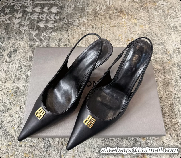 Luxurious Balenciaga Knife BB Black Leather Slingback Pumps 75MM 6061207
