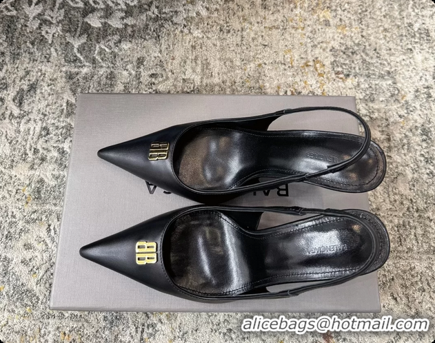 Luxurious Balenciaga Knife BB Black Leather Slingback Pumps 75MM 6061207